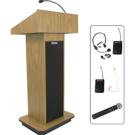 AmpliVox SW505 - Wireless Executive Sound Column Lectern - Rectangle Top - Sculpted Base - 20.75" Table Top Width x 16.50" Table Top Depth - 47" Height x 22" Width x 18" Depth - Assembly Required - High Pressure Laminate (HPL), Light Oak