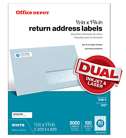 Office Depot® Brand Inkjet/Laser Return Address Labels, Rectangle, 1/2" x 1 3/4", White, Pack Of 8,000
