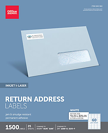 Office Depot® Brand Inkjet/Laser Return Address Labels, Rectangle, 2/3" x 1 3/4", White, Pack Of 1,500