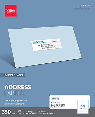 Office Depot® Brand Inkjet/Laser Address Labels, Rectangle, 1 1/3" x 4", White, Pack Of 350