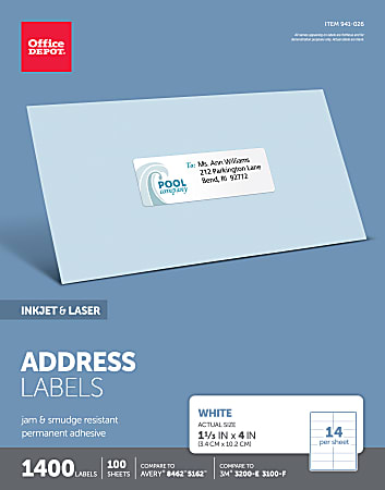 Office Depot® Brand Inkjet/Laser Address Labels, Rectangle, 1 1/3" x 4", White, Pack Of 1,400