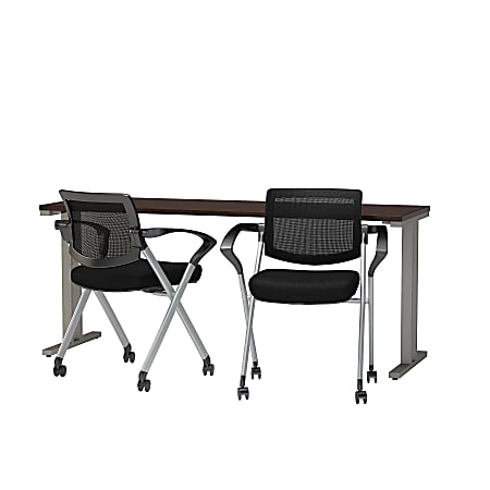 Bush Business Furniture 400 Series 72" X 24" Training Table With 2 Mesh-Back Folding Chairs, Mocha Cherry, Premium Delivery