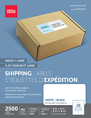 Office Depot® Brand Inkjet/Laser Shipping Labels, Rectangle, 2" x 4", White, Pack Of 2500