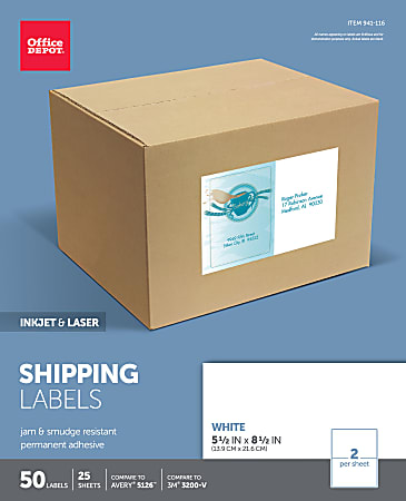 Office Depot® Brand Inkjet/Laser Shipping Labels, Rectangle, 5 1/2" x 8 1/2", White, Pack Of 50