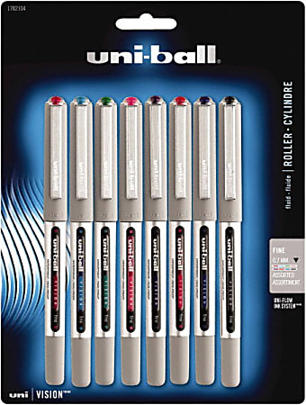 uni-ball® Vision™ Elite™ Liquid Ink Rollerball Pens, Bold Point, 0.7 mm, Gray Barrels, Assorted Ink Colors, Pack Of 8