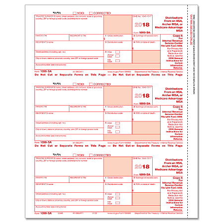 ComplyRight™ 1099-SA Inkjet/Laser Tax Forms, Federal Copy A, 8 1/2" x 11", Pack Of 50 Forms