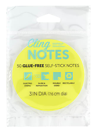 Office Depot® Cling Notes, 3", Circle, Yellow, Pad Of 50 Notes