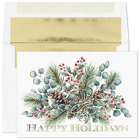 Custom Foil-Embellished Holiday Greeting Cards With Foil-Lined Envelopes, 7-7/8" x 5-5/8", Holiday Eucalyptus/Gold-Lined Envelopes, Box Of 25