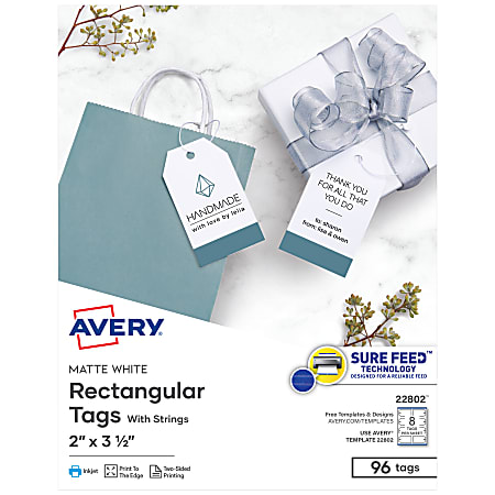 Avery® Printable 2-Sided Printing Tags With Strings, 22802, 2" x 3 1/2", White, Box Of 96