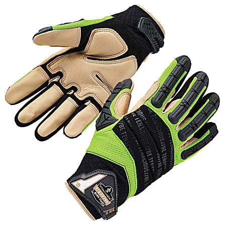 Ergodyne ProFlex 924LTR Leather-Reinforced Hybrid Dorsal Impact-Reducing Gloves, XXL, Lime