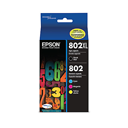 Epson® 802XL/802 DuraBrite® High-Yield Black And Cyan, Magenta, Yellow Ink Cartridges, Pack Of 4, T802XL-BCS