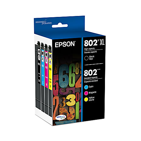 Epson® 802XL Black/802 DuraBrite® Cyan; Magenta; Yellow High-Yield Ink Cartridges, Pack Of 4, T802XL-BCS