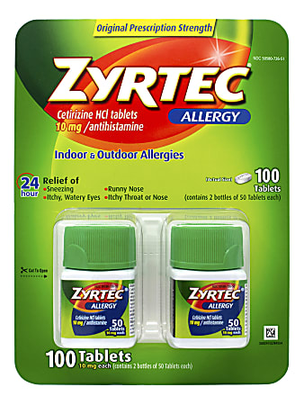 Zyrtec Antihistamine Allergy Tablets, 50 Tablets Per Bottle, Pack Of 2 Bottles