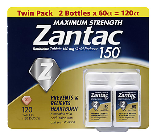 Zantac Maximum Strength Acid Reducer Tablets, 60 Tablets Per Bottle, Pack Of 2 Bottles
