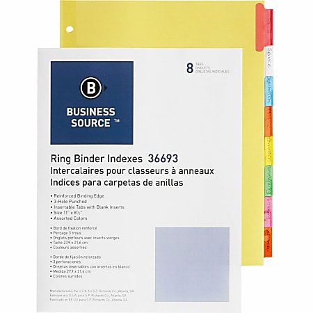 Business Source Insertable Tab Ring Binder Indexes, 8-1/2" x 11", Multicolor, Set of 8