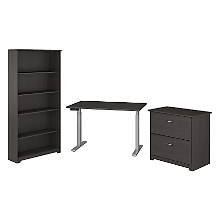 Bush Furniture Cabot 48"W Height Adjustable Standing Desk with Lateral File Cabinet and 5 Shelf Bookcase, Heather Gray, Standard Delivery