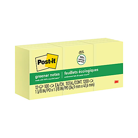 Post-it Greener Notes, 1 3/8 in x 1 7/8 in, 12 Pads, 100 Sheets/Pad, Canary Yellow