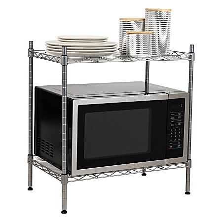 Mind Reader Alloy Collection Chrome Plate 2-Tier Industrial Microwave Stand with Utility Shelf, 22-3/4"H x 13-1/4"W x 21-1/4"L, Silver
