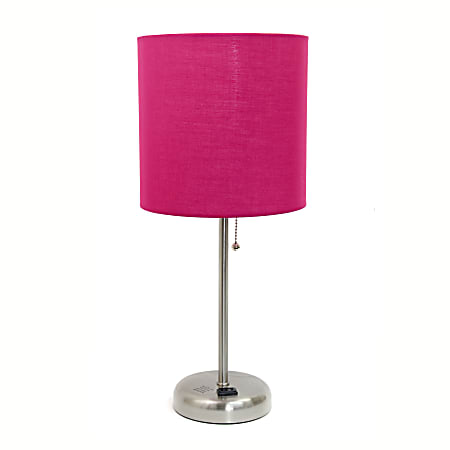 LimeLights Brushed Steel Stick Lamp with Charging Outlet and Pink Fabric Shade