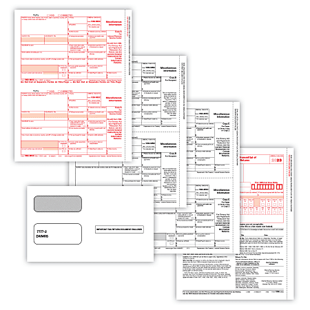 ComplyRight® 1099-MISC Tax Forms Set, 4-Part, 2-Up, Copies A/B/C, Laser, 8-1/2" x 11", Pack Of 100 Forms And Envelopes