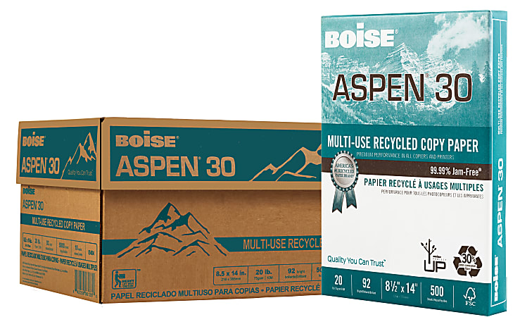 Boise® ASPEN® 30 Multi-Use Printer & Copy Paper, White, Legal (8.5" x 14"), 5000 Sheets Per Case, 20 Lb, 92 Brightness, 30% Recycled, FSC® Certified, Case Of 10 Reams