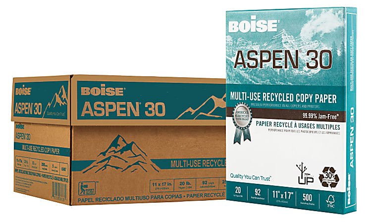 Boise® ASPEN® 30 Multi-Use Printer & Copy Paper, White, Ledger (11" x 17"), 2500 Sheets Per Case, 20 Lb, 92 Brightness, 30% Recycled, FSC® Certified, Case Of 5 Reams