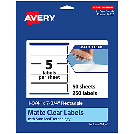 Avery® Permanent Labels With Sure Feed®, 94232-CMF50, Rectangle, 1-3/4" x 7-3/4", Matte Clear, Pack Of 250