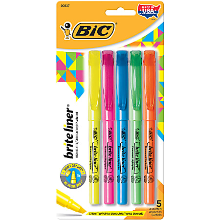 Bic Brite Liner Highlighter, Assorted, Chisel Tip - 5 highlighters