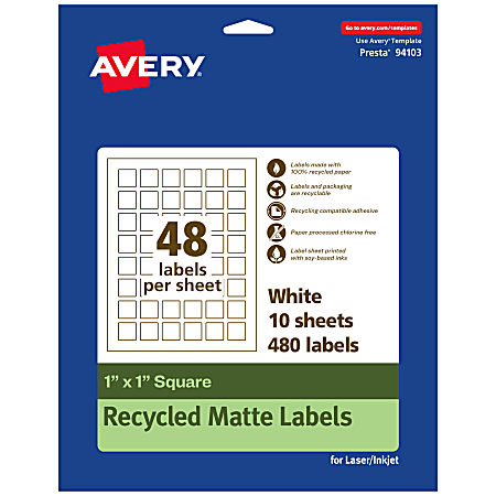 Avery® Recycled Paper Labels, 94103-EWMP10, Square, 1" x 1", White, Pack Of 480