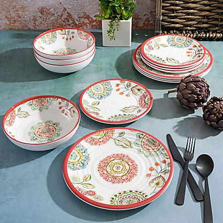Laurie Gates Brick Floral Ripple 12 Piece Melamine Dinnerware Set Red