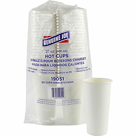 Genuine Joe 20 oz Disposable Hot Cups - 20 fl oz - White - Polyurethane - Coffee, Hot Drink, Picnic, Company, Tea, Hot Chocolate, Beverage - 19051