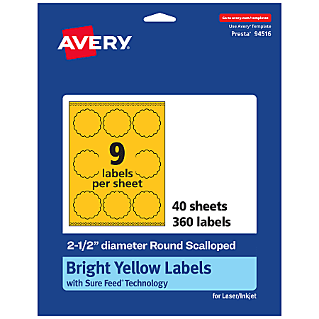 Avery® Print-To-The-Edge Labels With Sure Feed® Technology, 94516-BYP40, Round Scalloped, 2-1/2", Matte Bright Yellow, Pack of 360