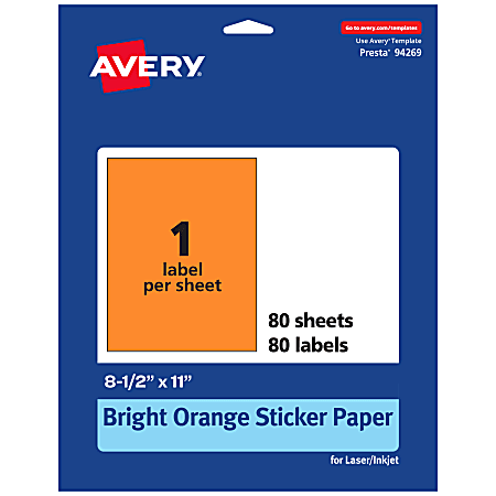 Avery® Printable Sticker Paper, 94269-BOP80, Rectangle, 8-1/2" x 11", Matte Bright Orange, Pack of 80