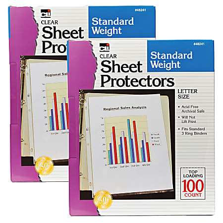 Charles Leonard Top-Loading Sheet Protectors, 8 1/2" x 11", Clear, 100 Per Pack, 2 Packs
