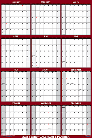 SwiftGlimpse Large Foldable Wall Calendar, 18” x 24”, Burgundy/Maroon, January To December 2021