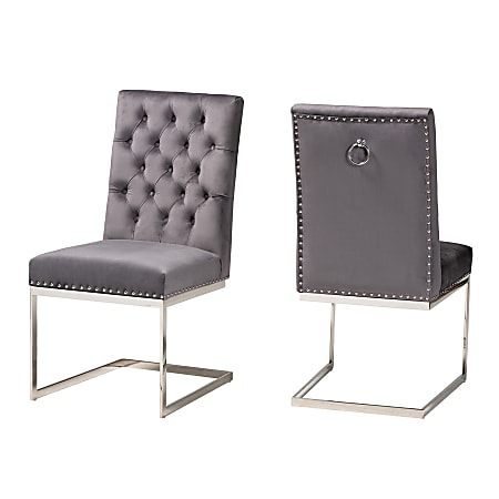 Baxton Studio Sherine Velvet Fabric And Metal Dining Accent Chair Set, Glam/Luxe Gray/Silver, Set Of 2 Chairs