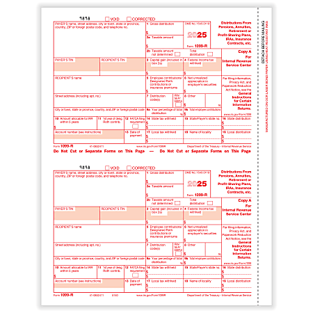 ComplyRight® 1099-R Tax Forms, 2-Up, Federal Copy A, 8-1/2" x 11", Pack Of 100 Forms