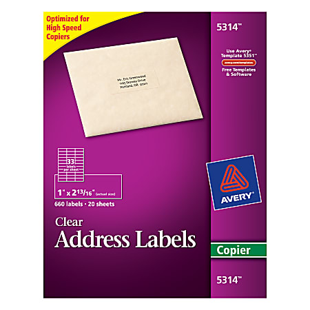 Avery® Clear Copier Address Labels, 1" x 2 13/16", Box Of 660