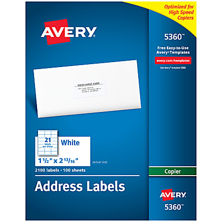 Avery® Address Labels For Copiers, 5360, Rectangle, 1" x 2-13/16", White, Pack Of 2,100