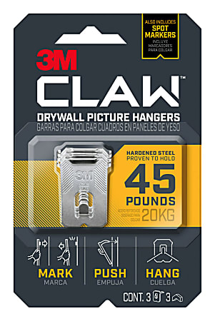 3M™ CLAW Drywall Picture Hanger 45-lb Capacity, Pack of 3 Hangers, 3 Spot Markers