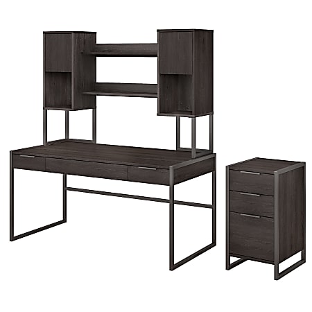 kathy ireland® Office by Bush Business Furniture Atria 60"W Writing Desk With Hutch And 3 Drawer File Cabinet, Charcoal Gray, Standard Delivery