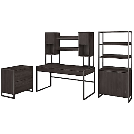 kathy ireland® Office by Bush Business Furniture Atria 60"W Writing Desk With Hutch, Lateral File Cabinet And 5 Shelf Bookcase, Charcoal Gray, Standard Delivery