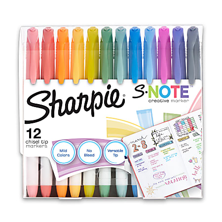 Sharpie S-Note Highlighters, Chisel Tip, Assorted Colors, Pack Of 12 Highlighters