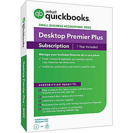 Intuit® QuickBooks® Desktop Premier Plus, 2022, 1-Year Subscription, For Windows®, Disc/Download