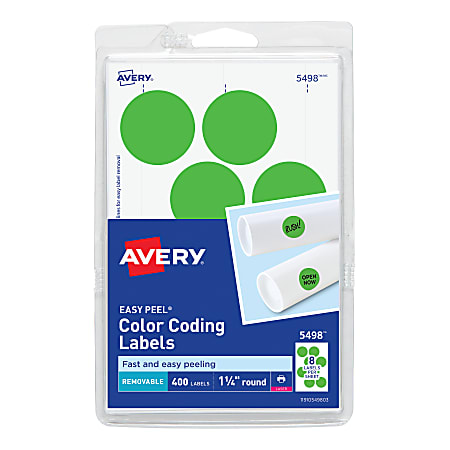Avery® Removable Print Or Write Color Coding Labels For Laser Printers, 5498, Round, 1-1/4" Diameter, Neon Green, Pack Of 400