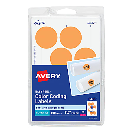 Avery® Removable Color-Coding Labels, Removable Adhesive, 5476, Round, 1-1/4" Diameter, Neon Orange, Pack Of 400 Labels