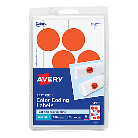 Avery® Removable Print Or Write Color Coding Labels For Laser Printers, 5497, Round, 1-1/4" Diameter, Neon Red, Pack Of 400 Labels