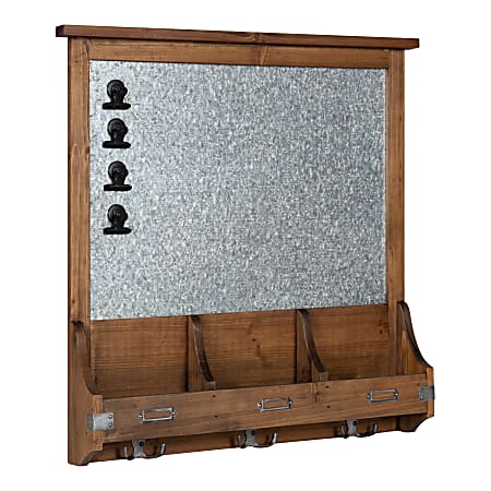 Kate and Laurel Stallard Framed Magnetic Board With Hooks, Metal, 24” x 24”, Silver, Rustic Brown Wood Frame