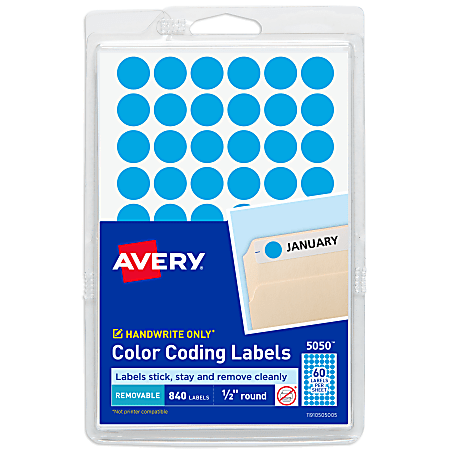 Avery® Color-Coding Removable Labels, 5050, Round, 1/2 Inch Diameter, Light Blue, Pack Of 840 Non-Printable Dot Stickers