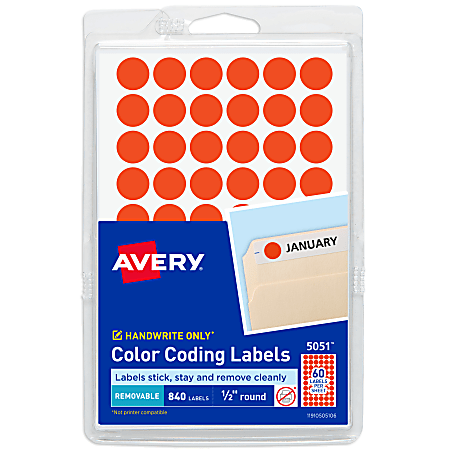 Avery&reg; Color-Coding Removable Labels, 5051, Round, 1/2 Inch Diameter, Neon Coral, Pack Of 840 Non-Printable Dot Stickers